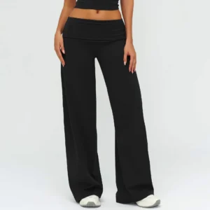 Fold-Over Waistband Wide Leg Leggings - Black